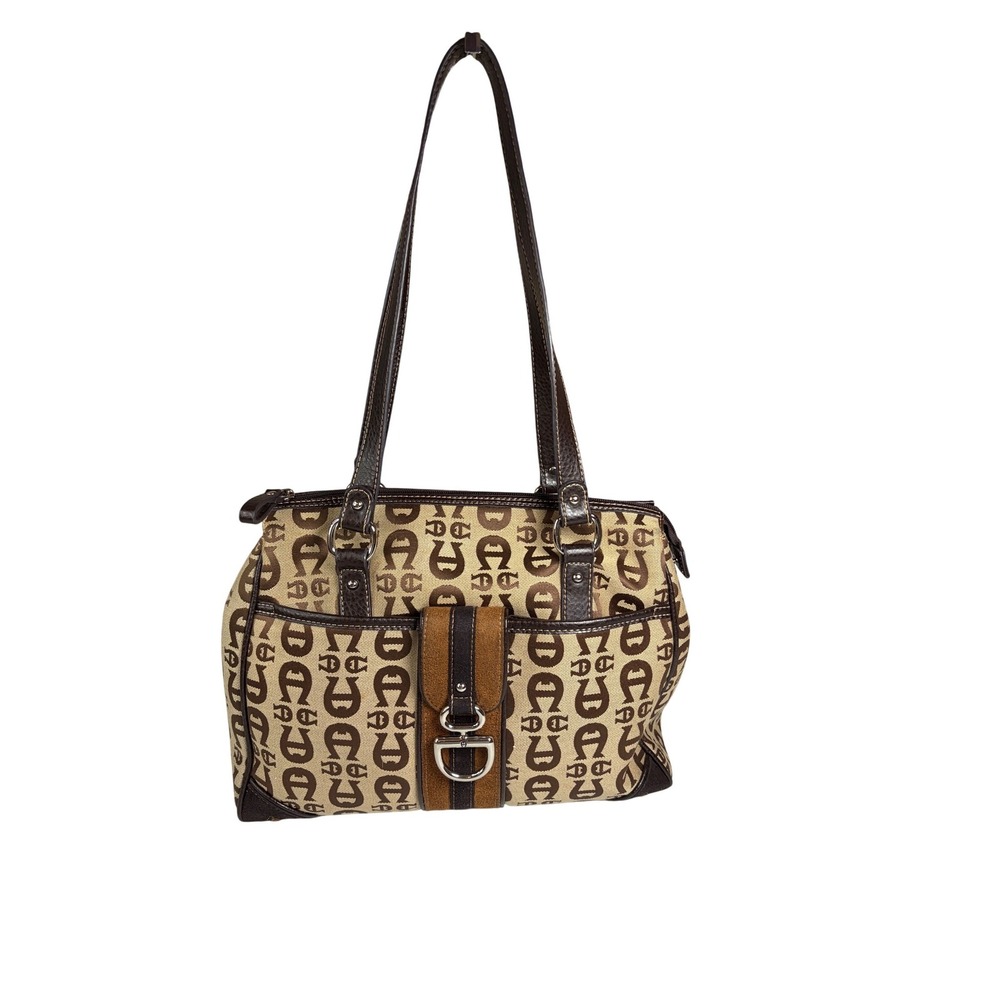 Etienne Aigner Brown Logo Canvas & Leather Satchel Shoulder Bag Vintage Y2K